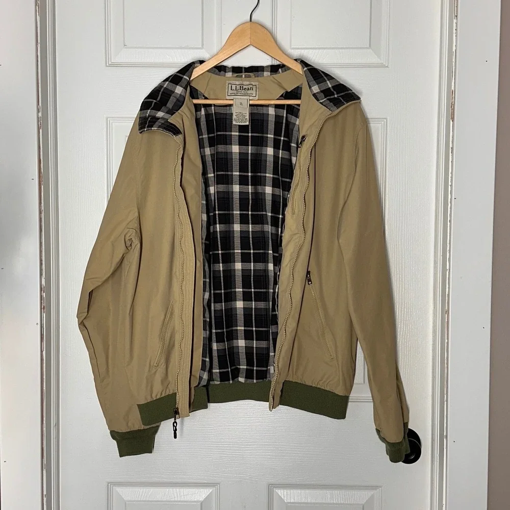 LL Bean Mens XL Regular Tan Plaid Lined Warm-Up‎ Bomber Jacket Harrington 500395